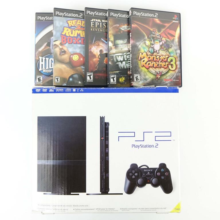 Playstation 2 (With 5 Games!): Playstation 2 (With 5 Games!). Includes High Heat Major League Baseball 2003, Ready 2 Rumble Boxing, Star Wars Episode III: Revenge Of The Sith, Twisted Metal Head-On & Monster Rancher 3. The system c