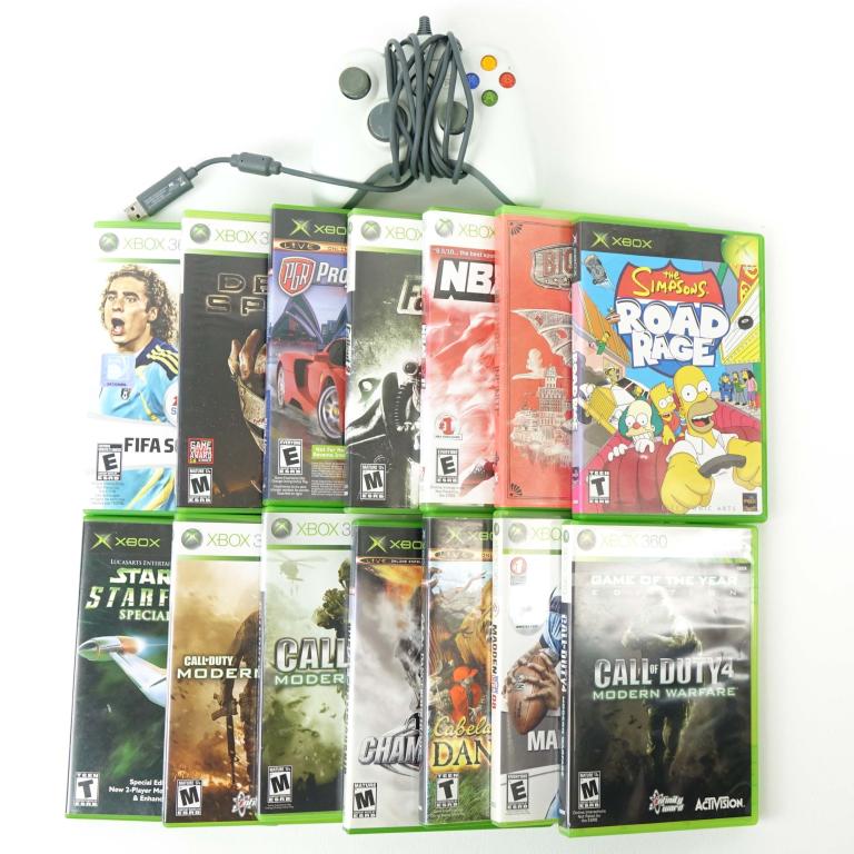 Xbox 360 & Xbox Games - With Controller! (14): (14) Xbox 360 & Xbox Games (With Controller!). Includes Madden 08 (Xbox 360), Cabela's Dangerous Hunts (Xbox), Unreal Championship (Xbox), Call Of Duty 4: Modern Warfare (Xbox 360), Call Of Duty Moder