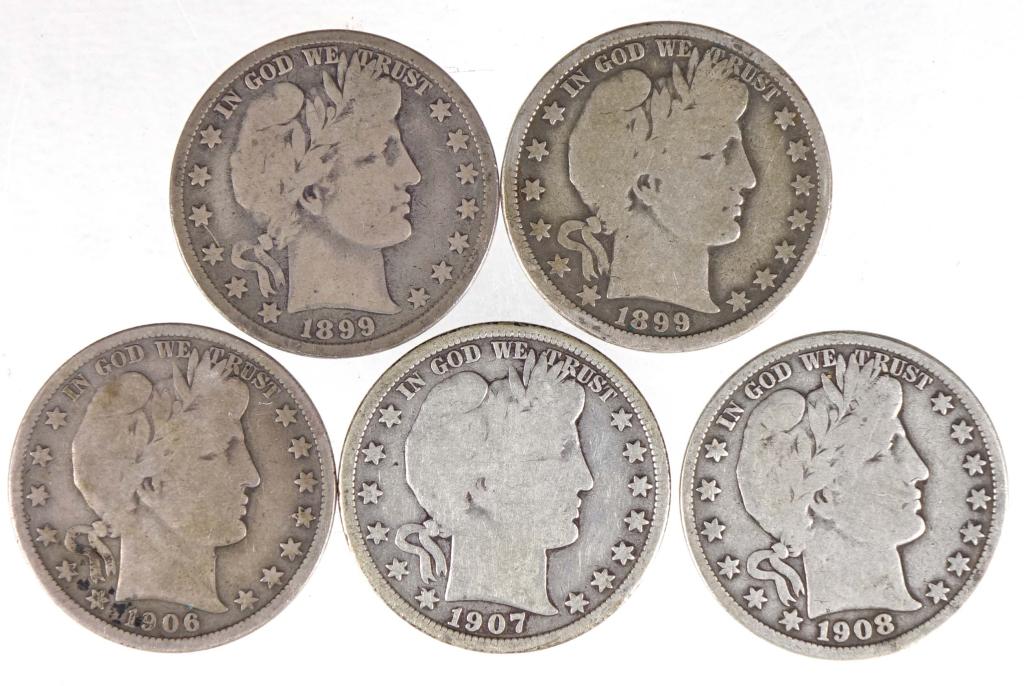 Barber Half Dollars (5): 5 Barber half dollars: 1899, 1899-o, 1906-d, 1907-d, 1908-o. 90% silver.