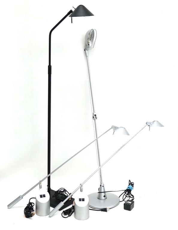 (4) Sonneman & Artemide Lamps: Including Artemide, 44 in. tall, and Sonneman, 50 in. tall and pair of 36" arm lamps. Local pick up or Third Party Shipping only. Three of the 4 lamps light. One of the Sonneman Feather lamps does NOT