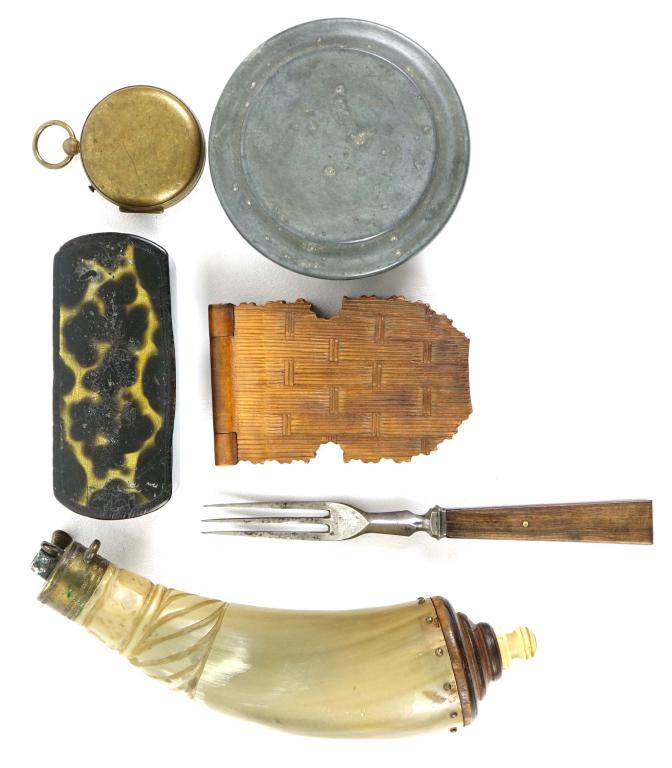 Group of Civil War Era Items: Group of Civil War era items, comprising a powder horn, a shaving mirror, with bowl, carved wood pocket watch case, brass compass, snuff box, wire corkscrew, bone fid and needle, and three tine fork.