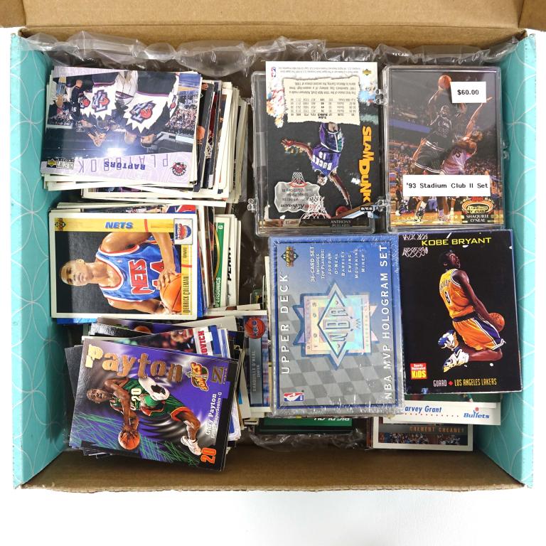 Sports Card Lot - Mostly Basketball: Includes Sports Illustrated Kobe Bryant card, 1993 Topps Stadium Club Series 2, and sealed 1992-93 Upper Deck NBA MVP Hologram set.