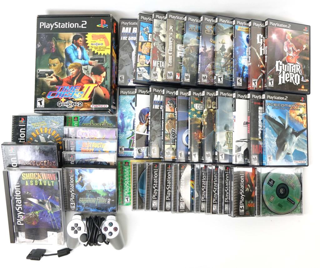 (20+) PS2 & (15+) PS1 Games: (20+) PS2 & (15+) PS1 Games. Includes a large amount of PS1 games such as Medal Of Honor, Nascar Racing, Driver, Space Invaders, Nascar 98, Tomorrow Never Dies, Covert Ops, Reel Fishing, Nascar 99, Cr