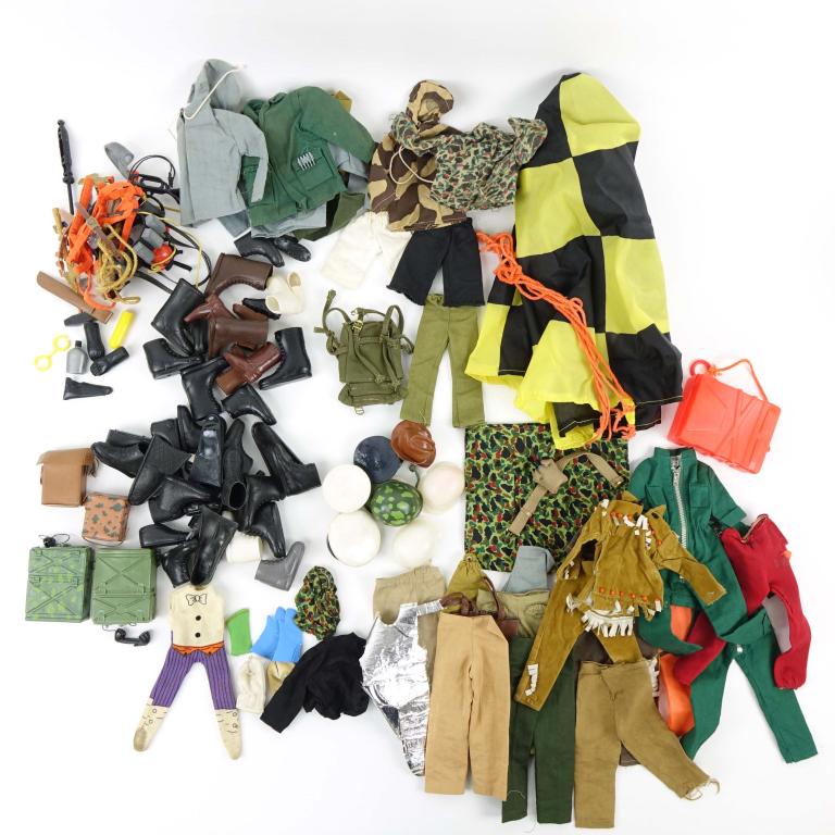 1960's GI Joe Accessories: Pants & shirts & boots, hats & helmets, parachutes, vintage cloth.