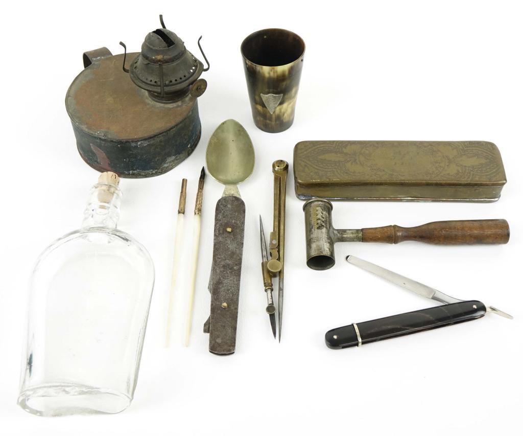 Group of Civil War Era Items: Folding knife and spoon marked Army Knife Union, surgeon folding knife, unmarked, bass compass marked GREW, Dutch brass tobacco box, two dip pens, a black powder shot measure, a glass flask (chips to