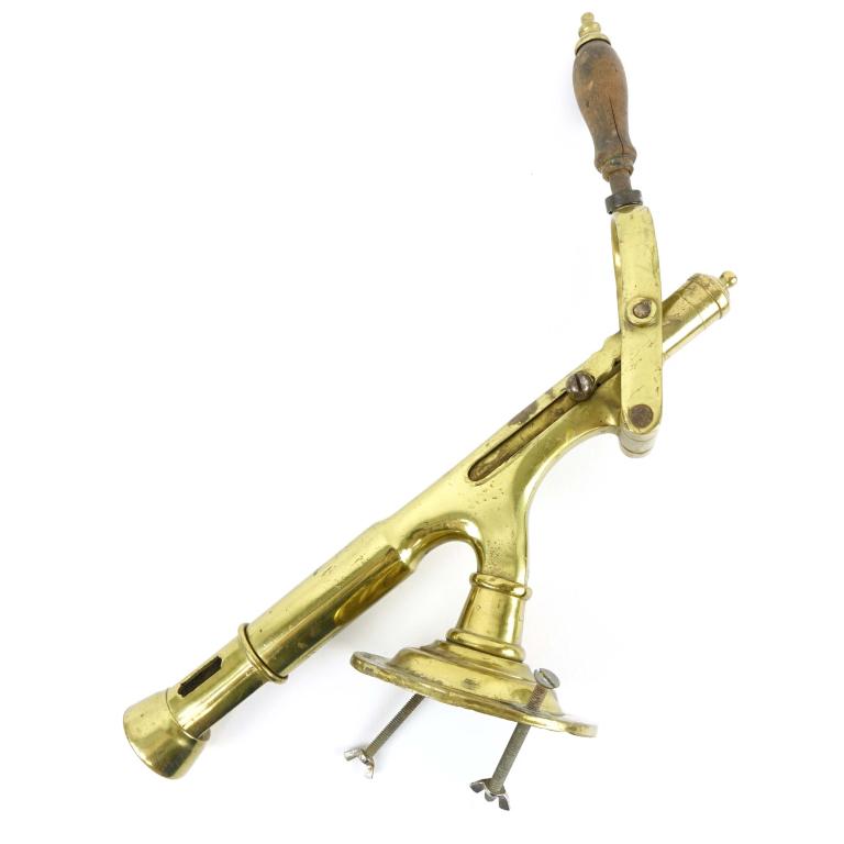 Merritt British Antique Mounted Corkscrew: Antique British barmount corkscrew - non-clamp. Split in wood handle.