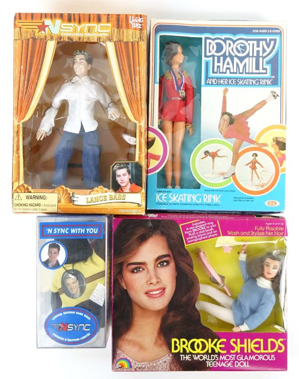 Celebrity Action Figures: Celebrity action figures. Includes a Dorothy Hamill doll made by Ideal, Brooke Shields doll, NSYNC Lance Bass doll made by Living Toyz & a NSYNC Limited Edition Rare Bear (JC).
