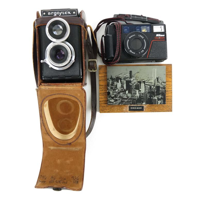 Camera & Photography Lot, Otto Wills Eng.: 1 Argus Argoflex, 75mm. In case; 1 Nikon One Touch, 35mm; 1 Chicago metal engraving by Otto A. Wills.