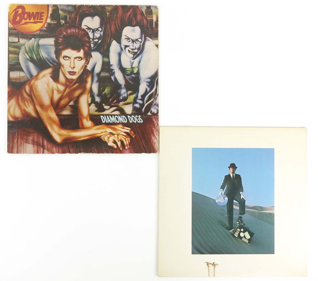 (2) Rare 1970s First Press Vinyl Albums: (2) Rare 1970s First Press Vinyl Albums. Includes Wish You Were Here by Pink Floyd (1975 1st Press With Original Postcard) & Diamond Dogs by David Bowie (1974 1st Press). Both of these albums are in e