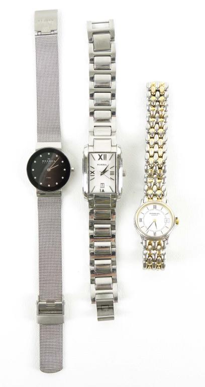 Skagen - Fossil - Weil Ladies Watches: Skagen - Steel watch. Marked: Slim Japan quartz movement, 358SSSBD Running. 25.5mm diameter crystal. Chip in crystal at bezel at 6o'clock position. Original strap. Fossil - F2 - Date watch. Marked: ES
