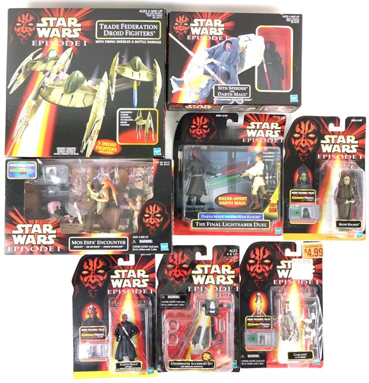 Kenner Hasbro Star Wars Episode I Action Figures!: Kenner Hasbro Star Wars Episode I Action Figures (Sealed). All of these figures appear to be made in the late 1990's for the release of Episode I: The Phantom Menace. Includes Darth Maul, Mos Espa Enc
