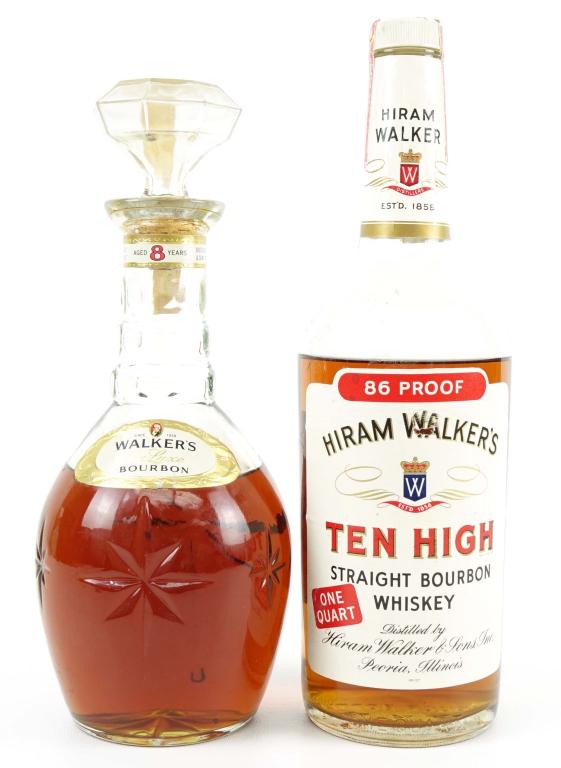 Walkers Whiskey Bottles (2)***: ***IF YOU ARE NEW TO US AND MAY NEED SHIPPING PLEASE GIVE US A CALL BEFORE BIDDING ON BOTTLES 847-625-0555!!! *** 1972 (?) Hiram Walkers Ten High Straight Bourbon Whiskey Bottle: 86 proof, 1 qt and **