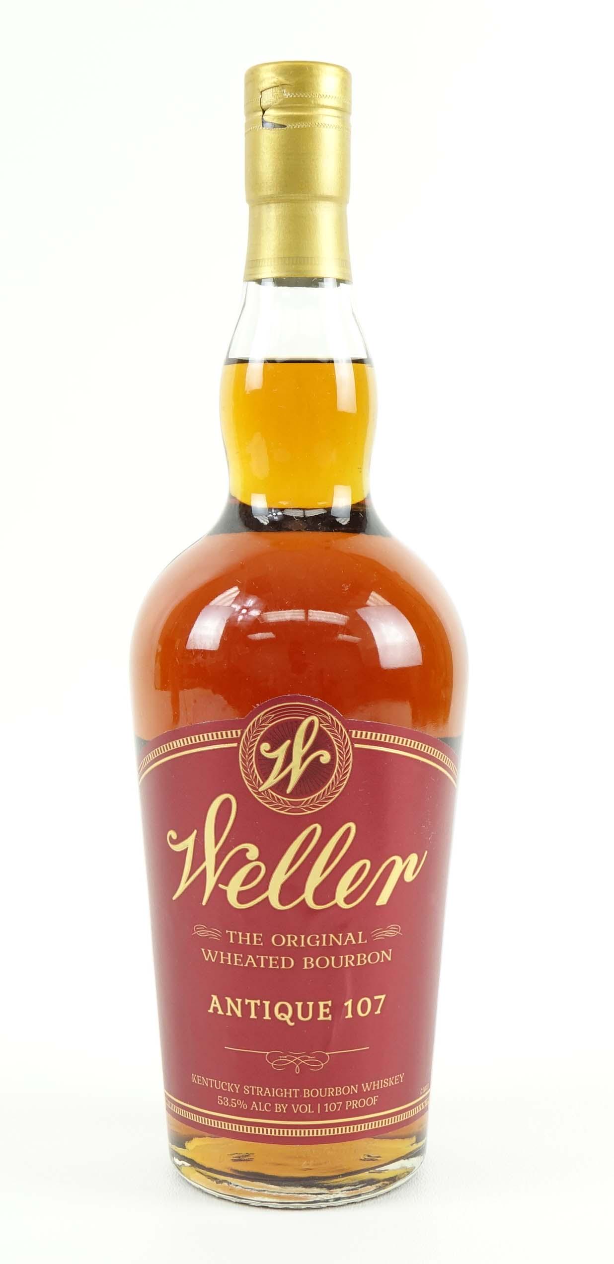 Weller Antique 107 KY Bourbon Whiskey: Sealed and full. 750 ml, 107 proof (L21103 0121:56B). ***IF YOU ARE NEW TO US AND MAY NEED SHIPPING PLEASE CALL US BEFORE BIDDING ON BOTTLES!