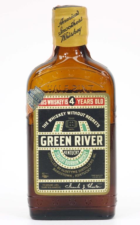 Green River Whiskey Half Pint Bottle: ***IF YOU ARE NEW TO US AND MAY NEED SHIPPING PLEASE CALL BEFORE BIDDING ON BOTTLES 847-625-0555*** 4 Year old, Sealed. Very low fill. 86 proof.