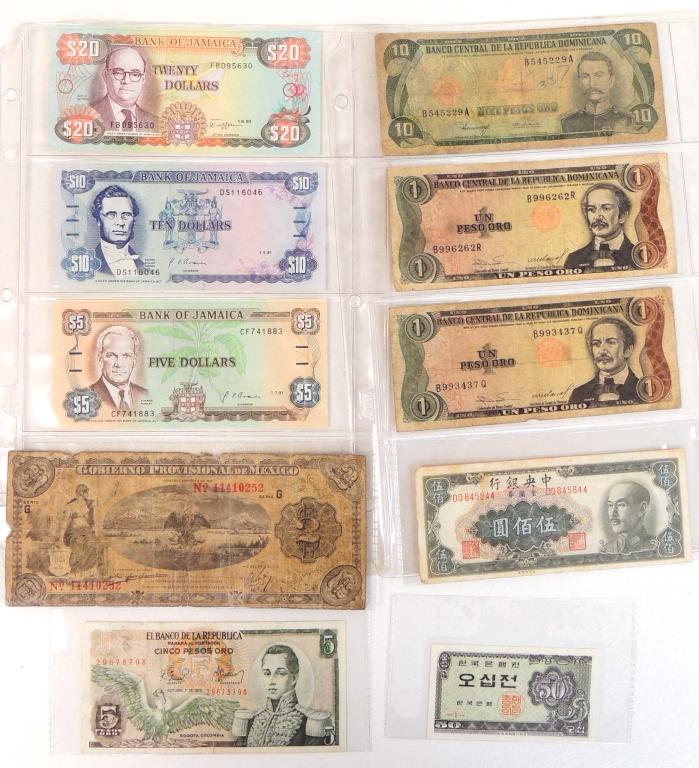 Banknotes, Mostly from the Americas: Includes Jamaica, Dominican Republic, and the 1914 Provisional government of Mexico.