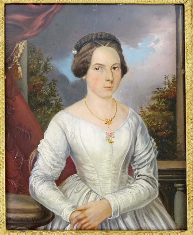 German Portrait of a Lady (19th c.): German School Portrait of a Lady. 19th century. Oil on panel, signed "Weschet" in lower left corner with German export stamp on verso. In a molded giltwood frame. 10-1/2 x 8-1/4".