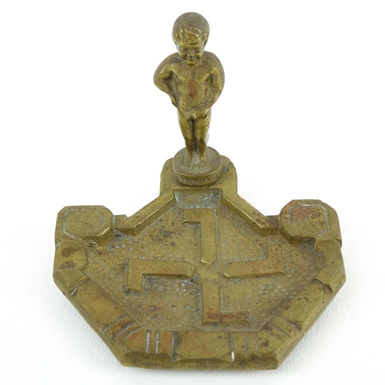 WWII Brass Anti-Axis Ashtray: Brussels, Belgium. Brass ashtray has a boy peeing on a swastika. 3.5" tall.