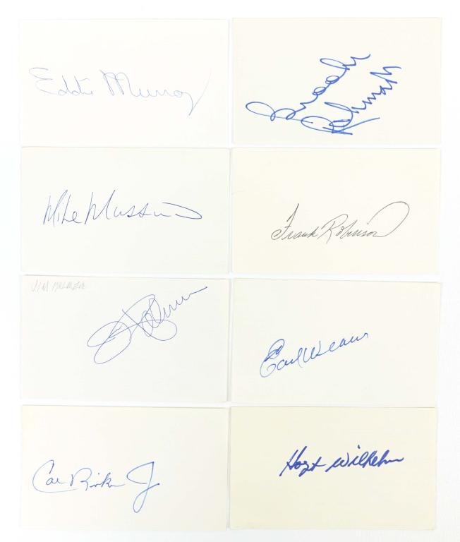 Baltimore Orioles Hall of Fame Autographs (8): From the personal collection of Bill O'Neil. 5x3" index cards signed by: Frank Robinson, Cal Ripken Jr, Brooks Robinson, Hoyt Wilhelm, Earl Weaver, Jim Palmer, Mike Mussina, Eddie Murray. ** From the