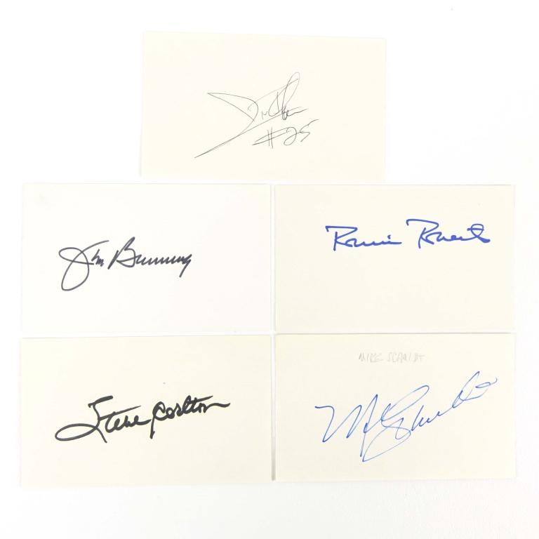 Philadelphia Phillies Hall of Fame Autographs (5): From the personal collection of Bill O'Neil. 5x3" index cards signed by: Robin Roberts, Mike Schmidt, Jim Thome, Steve Carlton, Jim Bunning. ** From the personal collection of Mr. William E. "Bill" O'
