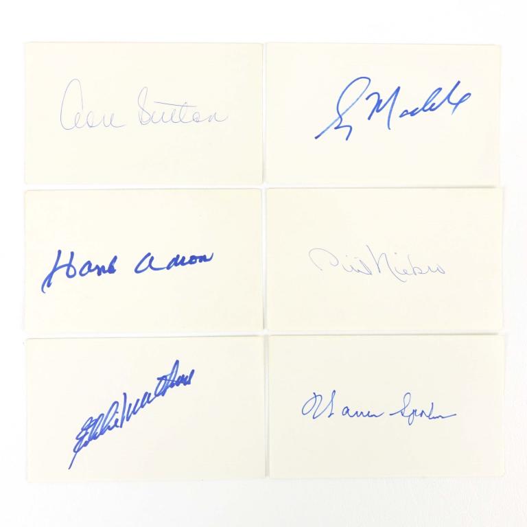 Atlanta Braves Hall of Fame Autographs (6): From the personal collection of Bill O'Neil. 5x3" index cards signed by: Hank Aaron, Warren Spahn, Greg Maddux, Eddie Mathews, Phil Niekro, Don Sutton. ** From the personal collection of Mr. William E