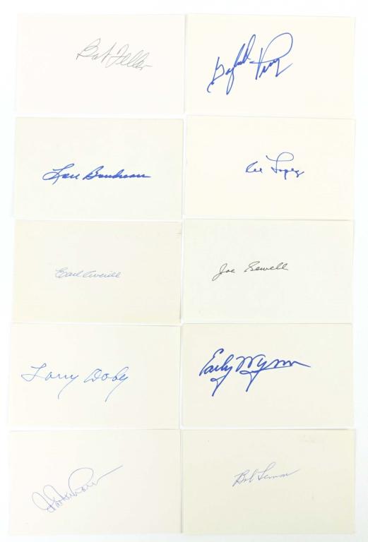 Cleveland Baseball Hall of Fame Autographs (9): From the personal collection of Bill O'Neil. 5x3" index cards signed by: Bob Feller, Lou Boudreau, Earl Averill, Larry Doby, Gaylord Perry, Al Lopez, Joe Sewell, Early Wynn, Bob Lemon, Hal Newhouser. 