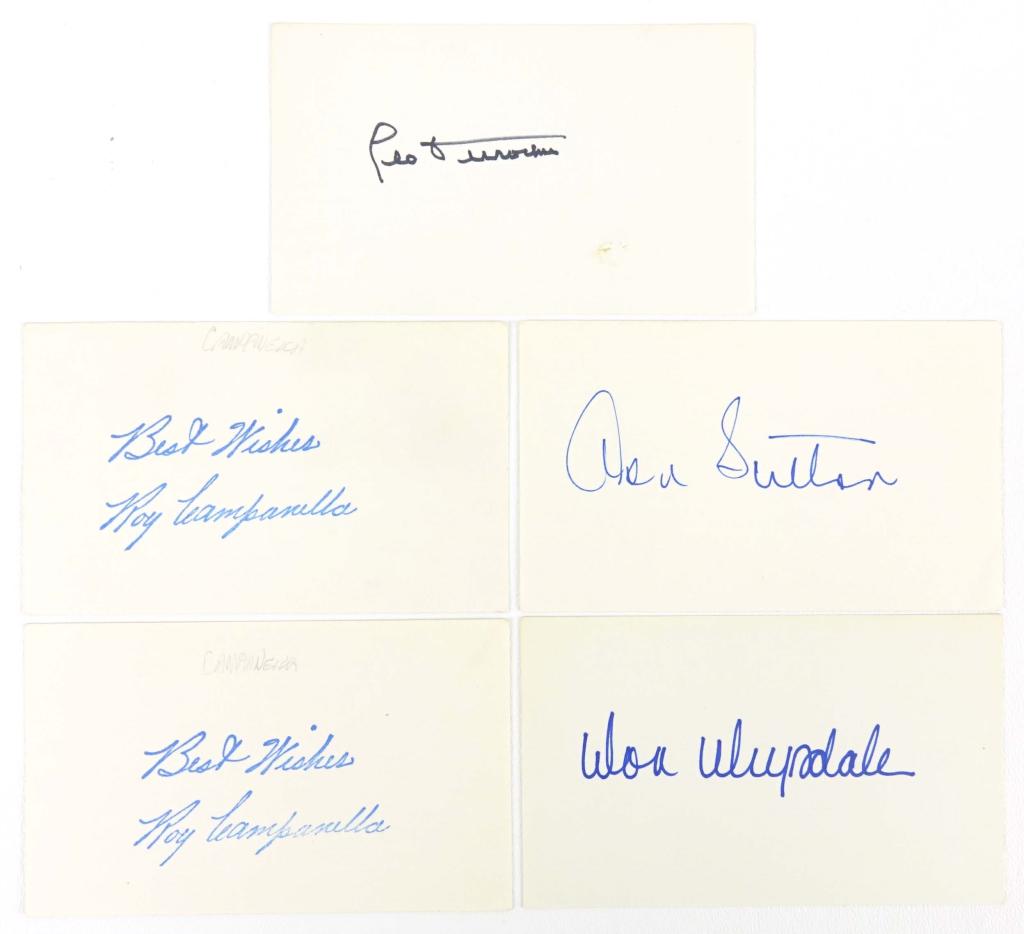 Los Angeles Dodgers Hall of Fame Autographs #2 (5): From the personal collection of Bill O'Neil. 5x3" index cards signed by: Don Drysdale, Burleigh Grimes, Leo Durocher, Don Sutton. This lot also includes a card that appears to be hand stamped from Roy