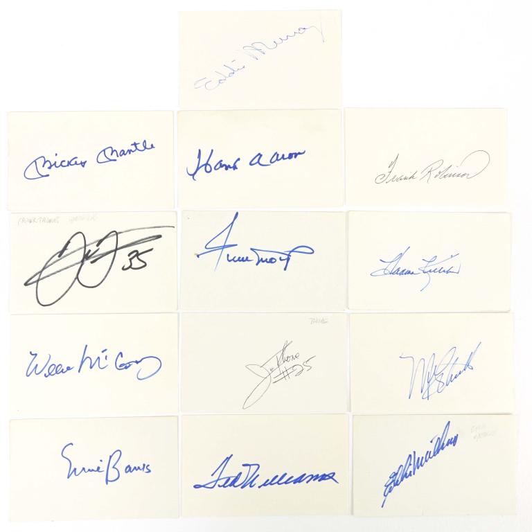 500 Home Run Club Autographs (13): From the personal collection of Bill O'Neil. 5x3" index cards signed by Major League players who have hit 500 home runs in their career: Hank Aaron, Willie Mays, Jim Thome, Frank Robinson, Harmon Kill