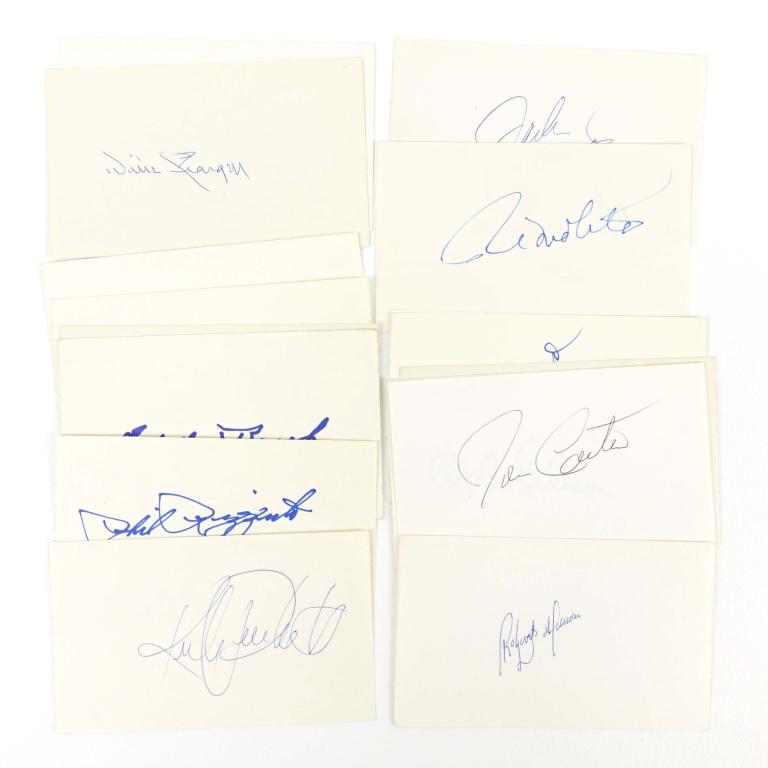 MLB Post-Season Heroes Autographs (16): From the personal collection of Bill O'Neil. 3x5" index cards signed by (includes both hitters of the only World Series winning walk-off home runs!): Roberto Alomar, Joe Carter, Bob Gibson, Lefty Gome