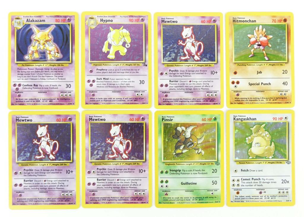 Pokemon Cards - Holo Base Set - Rare (8): (8) Pokemon Cards (Holo Base Set) (Rare). Includes (3) Mewtwo (10/102), Hypno (8/62), Alakazam (1/102), Hitmonchan (7/102), Kangaskhan (5/64) & Pinsir (9/64).