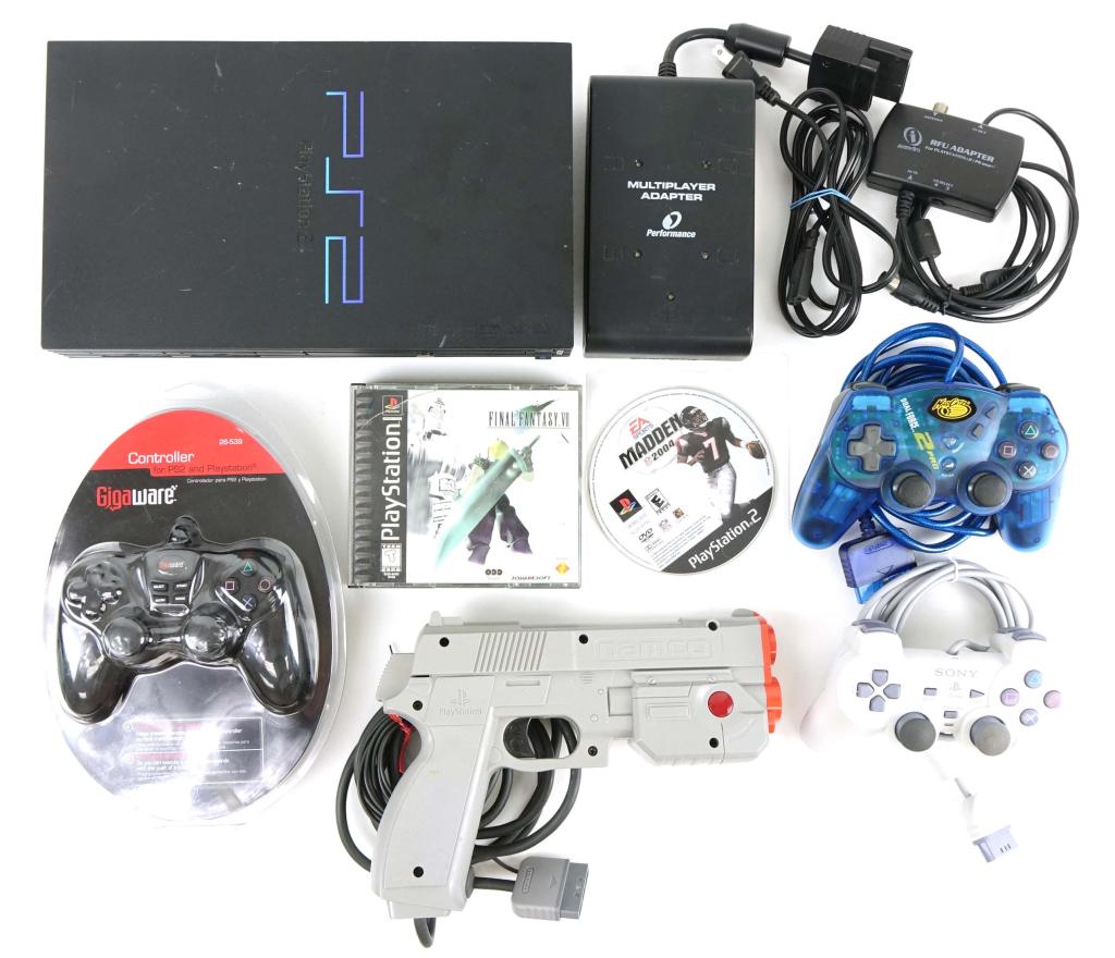 Sony Playstation 2 (PS2): Serial #: SCPH-39001. Three controllers, two games, one gun, multi player adapter. Final Fantasy VII- complete. RARE! Not tested in-house.