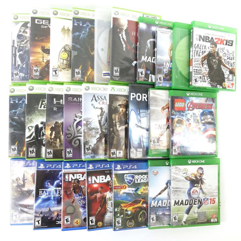 Xbox, PC and Playstation Game Lot (26): 26 Video games. 12 Xbox 360 games including: Fallout 3, Saints Row, Halo Reach and More! 8 Xbox One games including: NBA2K19, Madden 18, and others! 5 PS4 Games including: Rocket League, Battlefront 2