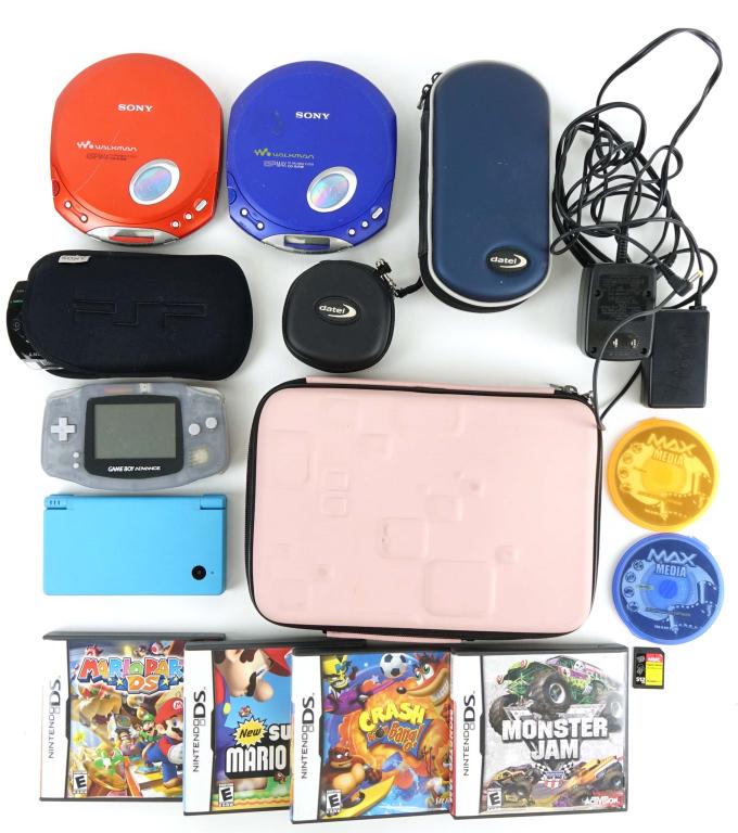 Collection of Handheld Video Games: Collection of handheld video game consoles & games. Includes (2) Sony PSP's (one works the other is broken), also includes (2) Nintendo DS Systems (15 Games + Accessories). Also includes (2) Sony Walk