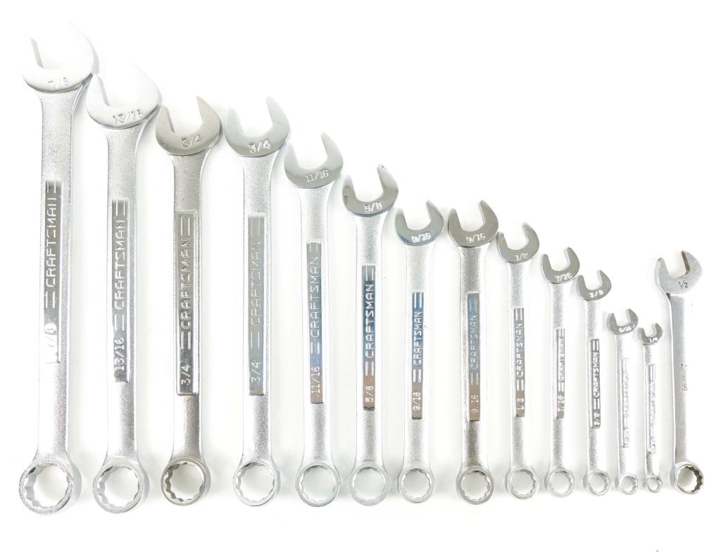 Craftsman 13 Pc Wrenches (+ 1 Snap On): Craftsman 13 piece wrench set (VV-44703). 1/4 - 7/8". Forged in USA. ** 1 Snap-On 1/2" wrench. All wrenches in great shape. There are no monkeys in these wrenches.