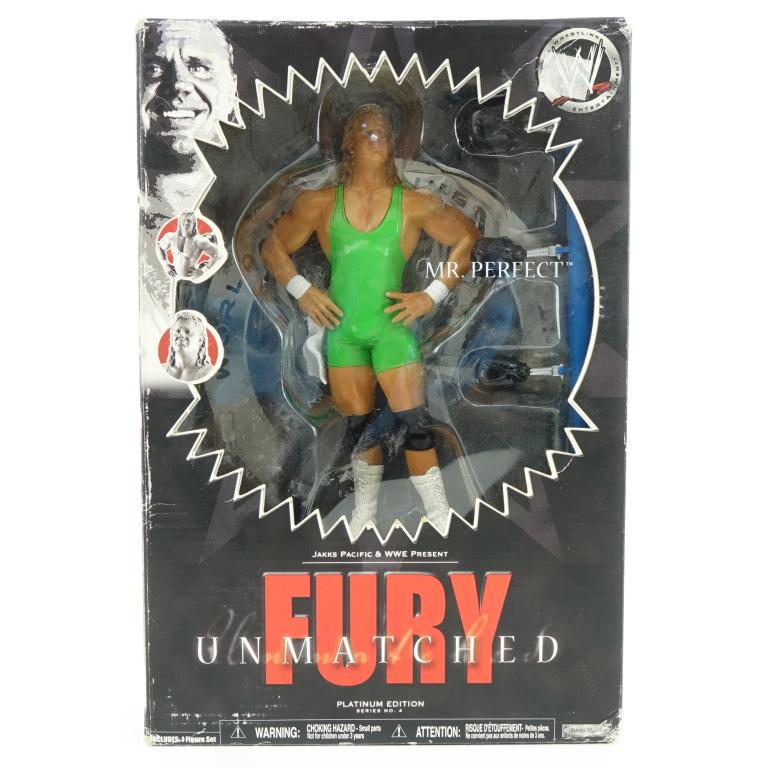 Hasbro Super Joe Sonic Scanner and Mr. Perfect: 1 Hasbro Super Joe Adventure Team Sonic Scanner Power Pack, 1977. In box; 1 Fury Unmatched Mr. Perfect WWE action figure, 2007.