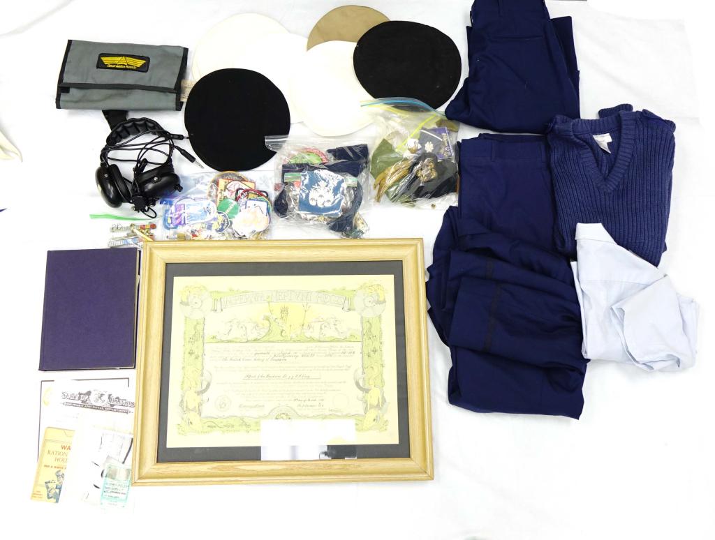 Military Lot - includes Korean War Neptune cert: Includes; Navy certificate crossing of the equator Neptunus Rex on USS Kearsarge, Flightcom Nighthawk aviation headset, military uniforms, hats, ration books, personal identification cards, gloves,191