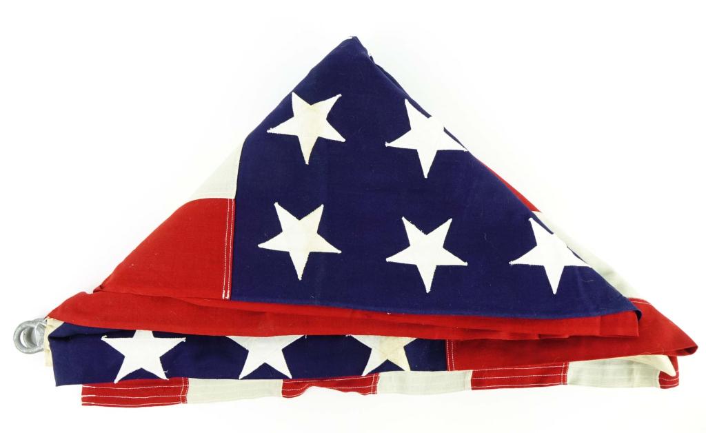48 Star U.S. Phi. Qrtrtmstr Flag (5' x 9.5'): 48-star United States flag from Philadelphia Quartermaster Flag. 5 x 9.5 ft. Heavy duty eyelets at top and bottom with copper rivets.