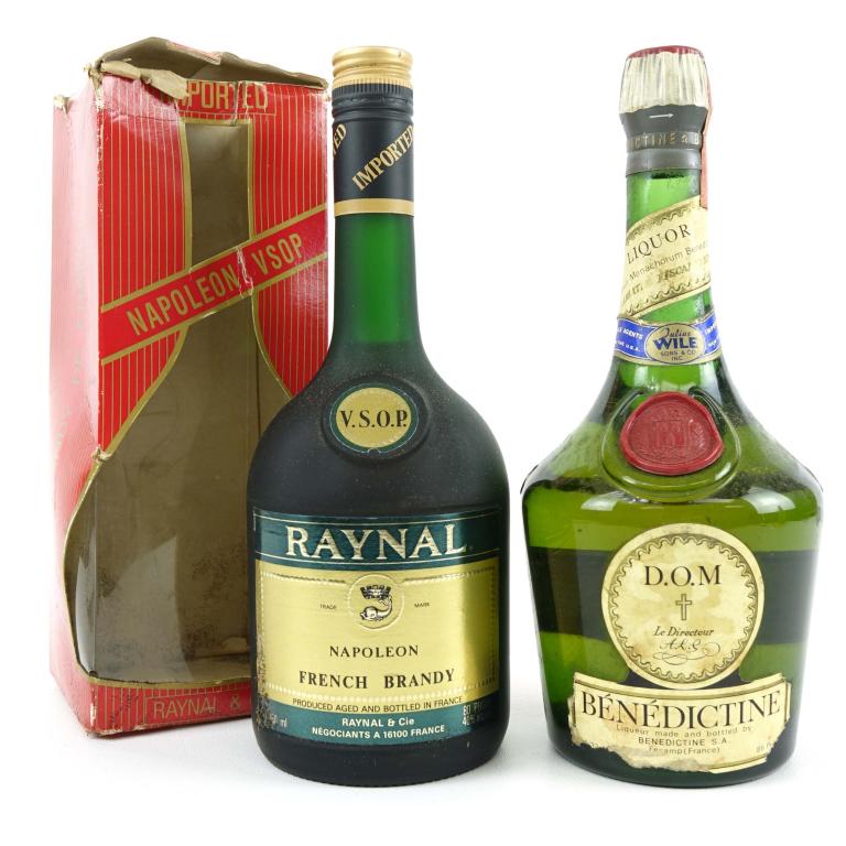 Dom Benedictine & Raynal Napoleon (2): *** IF YOU MAY NEED SHIPPING YOU MUST SPEAK WITH IAN BEFORE BIDDING ON BOTTLES 847-625-0555 ***1961-77 D.O.M Benedictine Liqueur France: 86 proof, 23/32 qt and sealed. Raynal Napoleon French Brandy: 8