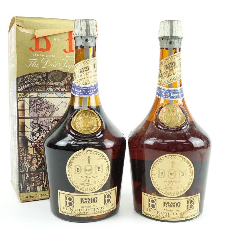 Dom B & B (2): *** IF YOU MAY NEED SHIPPING YOU MUST SPEAK WITH IAN BEFORE BIDDING ON BOTTLES 847-625-0555 *** Dom Benedictine and Brandy (2): 86 proof, 23/32 qts. 1 with box. Both full and sealed.