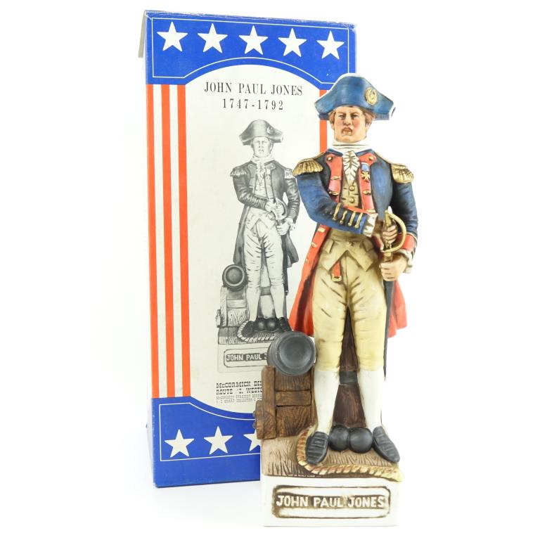 1976 (?) McCormick John Paul Jones Decanter: *** IF YOU MAY NEED SHIPPING YOU MUST SPEAK WITH IAN BEFORE BIDDING ON BOTTLES 847-625-0555 *** 1976 (?) McCormick John Paul Jones Decanter: 86 proof, 4/5 qt and sealed. From "The Patriots" series. In