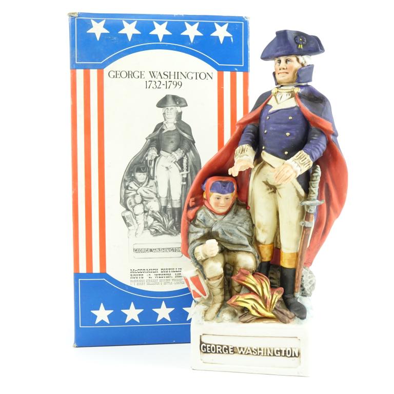 1976 McCormick George Washington Decanter: *** IF YOU MAY NEED SHIPPING YOU MUST SPEAK WITH IAN BEFORE BIDDING ON BOTTLES 847-625-0555 ***1976 George Washington Decanter: 86 proof, 4/5 qt and sealed. In box. From "The Patriots" series.