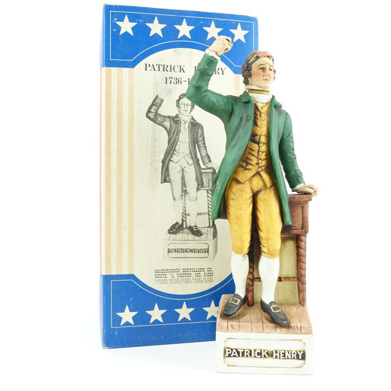 1975 McCormick Patrick Henry Decanter: *** IF YOU MAY NEED SHIPPING YOU MUST SPEAK WITH IAN BEFORE BIDDING ON BOTTLES 847-625-0555 *** 1975 McCormick Patrick Henry Decanter: 86 proof, 4/5 qt and ***seal is in-tact, but has come away from t