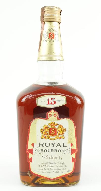 1955 (?) Royal Bourbon By Schenly: *** IF YOU MAY NEED SHIPPING YOU MUST SPEAK WITH IAN BEFORE BIDDING ON BOTTLES 847-625-0555 *** 1955 (?) Royal Bourbon By Schenly: 80 proof, 4/5 qt and sealed.