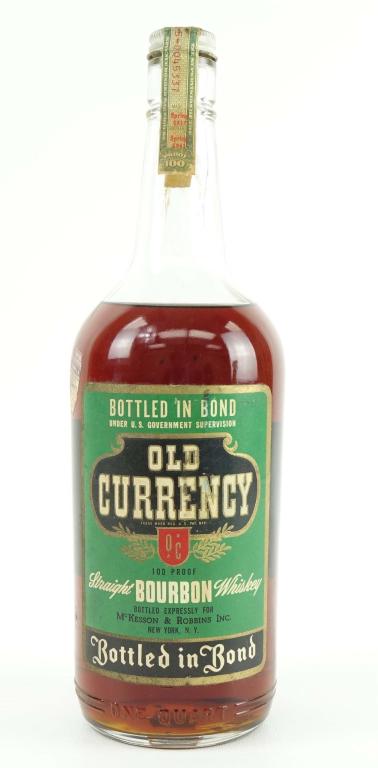 1941 Old Currency BiB Bourbon Bottle: *** IF YOU MAY NEED SHIPPING YOU MUST SPEAK WITH IAN BEFORE BIDDING ON BOTTLES 847-625-0555 *** 1941 Old Currency BiB Bourbon Bottle: 100 proof, 1 qt and sealed. Barrel- 1937 Spring; Bottle 1941 Sprin