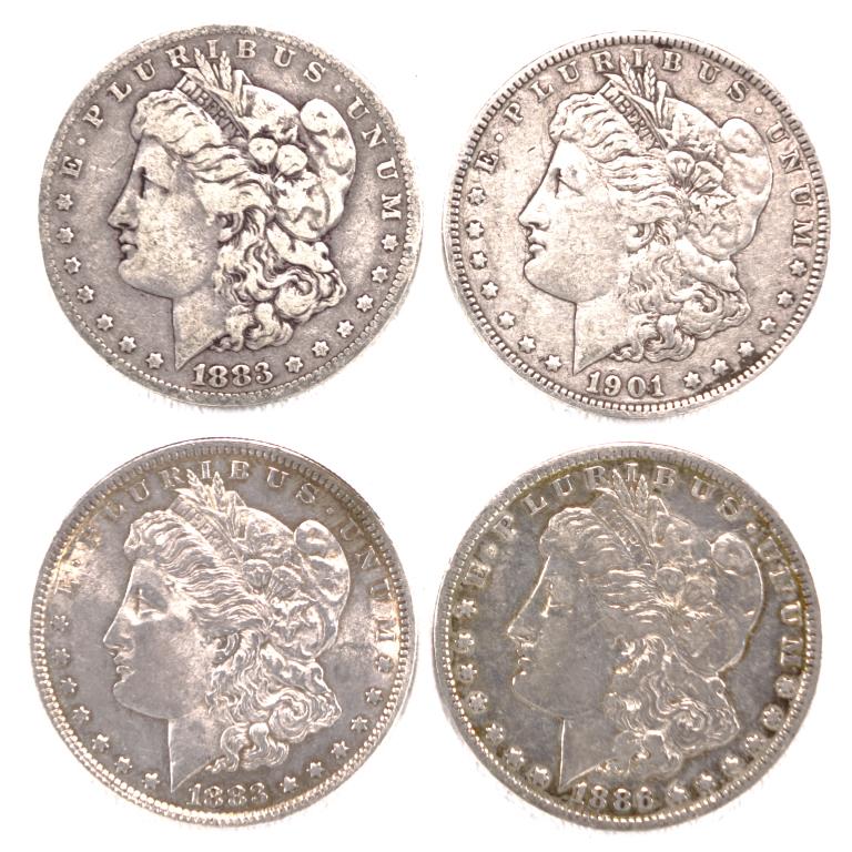 Morgan Silver Dollars (4): 4 Morgan silver dollars: 1883 (Philadelphia Mint), 1883-o, 1886-o, 1901 (Philadelphia Mint). All coins 90% silver.