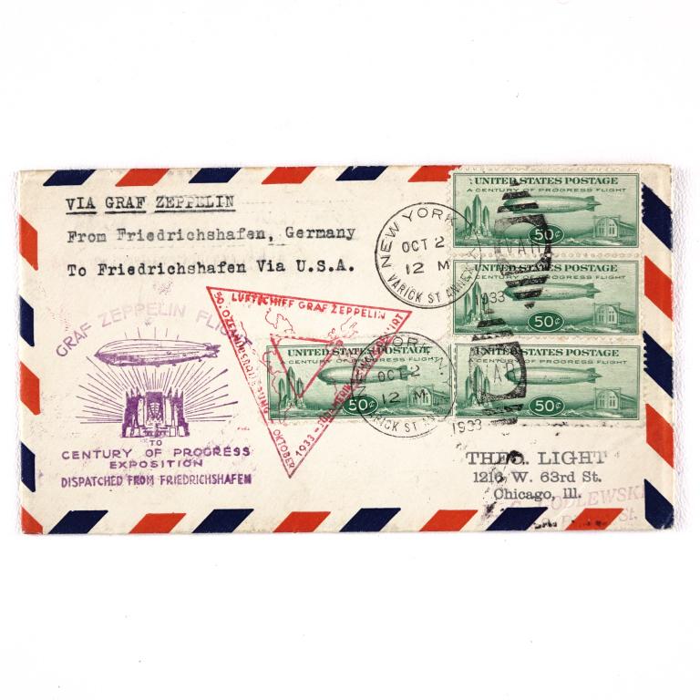 Graf Zeppelin 1933 World's Fair Stamp Cover: Graf Zeppelin flown stamp cover from Germany to the 1933 Century of Progress World's Fair in Chicago. The envelope is unopened. The front has a cancellation from New York, while the back features canc