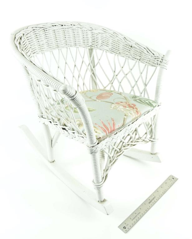 Children's Wicker Rocking Chair: *** LOT 14 WILL SHIP THIS LOT; HOWEVER SHIPPING MAY BE EXPENSIVE. PLEASE CONSIDER THIS ADDITONAL COST WHEN BIDDING. *** With seat pad- measuring 11.5" wide and 11 3/4" deep. Rocking chair: 18.5" tall 