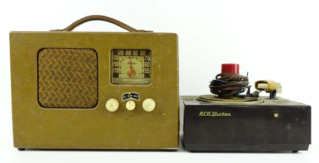 Melrose Radio + RCA Victor Victrola Record Player: Frayed wiring; likely will need to be replaced. 1949 RCA Victor Victrola Record Player- likely for parts and repair.