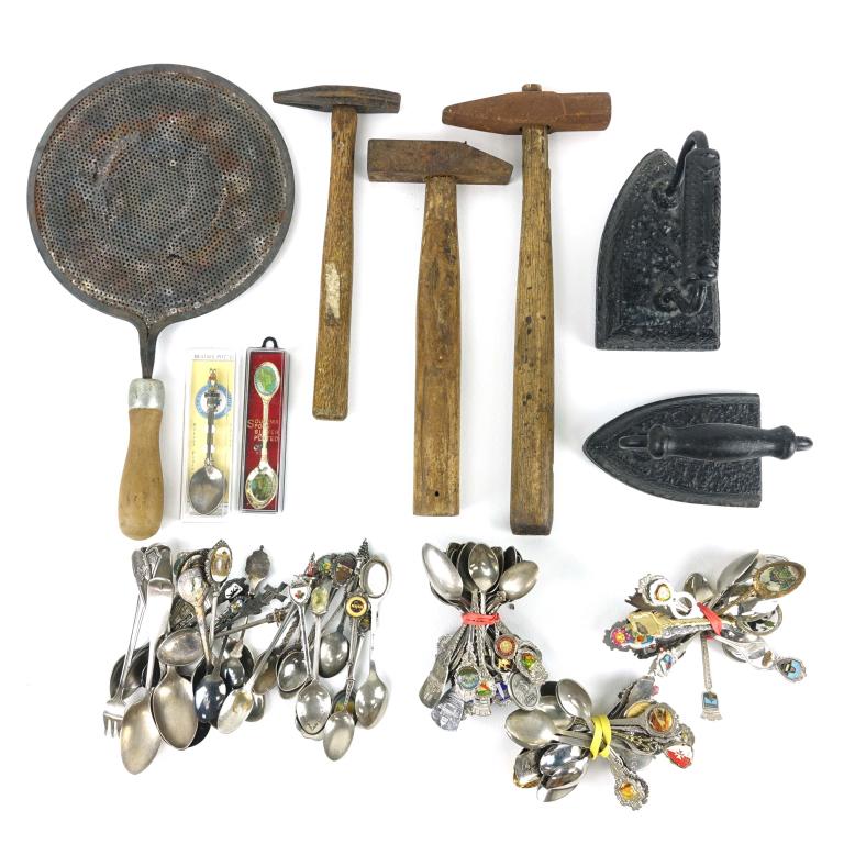 Collectible Spoons, Tools and More Lot: Approx. 60-70 collectible spoons from all around the world! Also includes 2 pot minders (we added one!), two vintage sad irons, and three antique hammers.