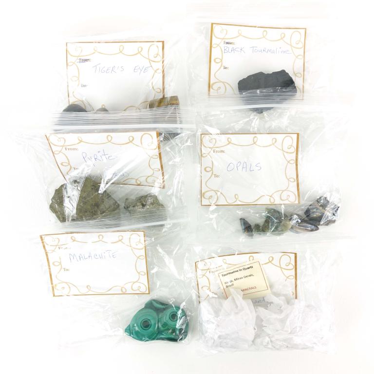 Mineral Lot: Includes: Pyrite- 2 pcs. Malachite (green)- 1 pc. Tiger's Eye- 3 brown, 1 blue mix. Black Tourmaline- 1 pc. Tourmaline in Quarts- 2 pink, 1 green. Opal- 5 pcs.
