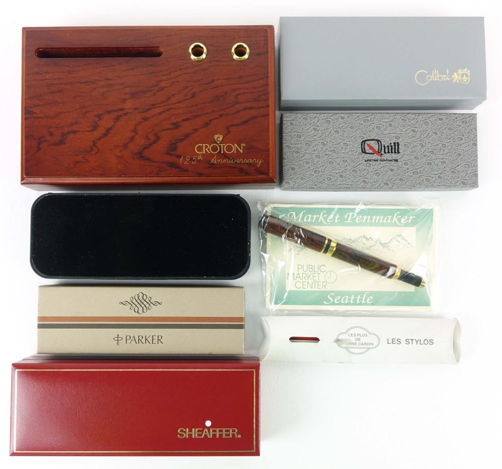 Pens and Pencils Lot: Seattle Market Pen Maker Pen- N.I.B. Croton pen/pencil set and case. 8mm green marble pen in case "John L.". Colibri pen in case. Quill pin "Phoenix Deff + Phelps". Pierre Cardin Pen "Speedy Inc..." P